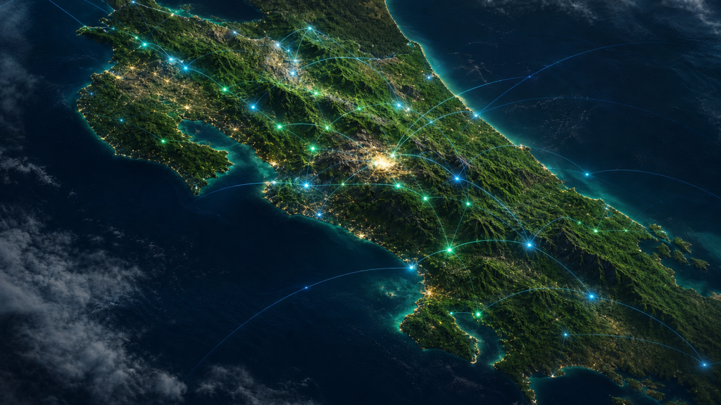 Vista aérea editorial de Costa Rica con rutas y nodos digitales que representan visibilidad SEO y GEO